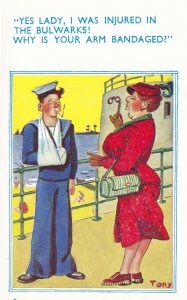 Sailor With Arm Broken In Sling Comic Postcard