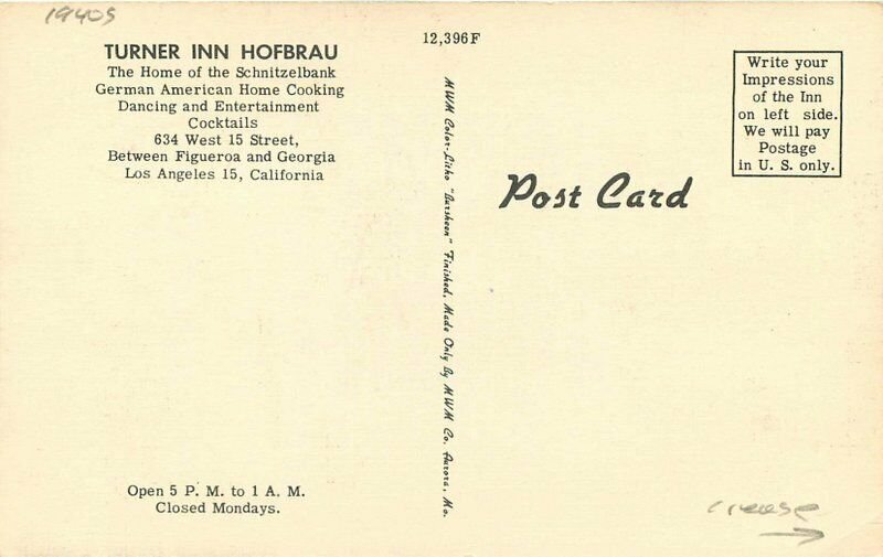 Los Angeles California 1940s Turner Inn Hofbrau Postcard MWM 6949