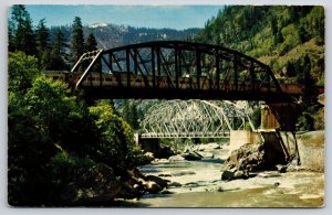 California~Feather River Canyon~Tobin Bridges Over Waterway Scene~1950s Postcard