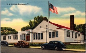 USO Club Building Streetview Vermont Old Cars American Flag Linen Postcard 