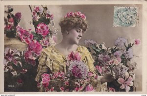 RP; Woman with flowers in her hair, surrounded by variety of flowers, PU-1907