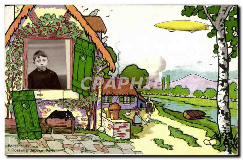 Old Postcard Fantasy Children Photography Zeppelin Airship