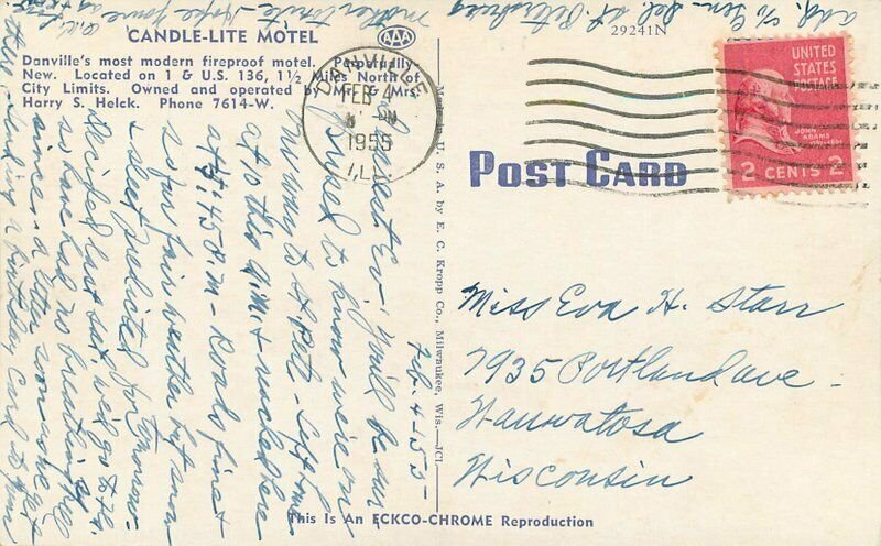 Candle-:Lite Motel roadside Danville Illinois 1955 Postcard Kropp 6469