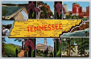 Tennessee State Map~Key To Views~Clarksville~Pulaski~Bolivar~Vtg Linen Postcard