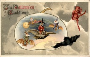 Halloween WINSCH Cauldron Witches Bats Pumpkin Moon Devil Vintage Postcard