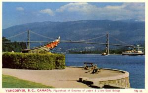 Canada - BC, Vancouver. Figurehead of Empress of Japan and Lions Gate Bridge