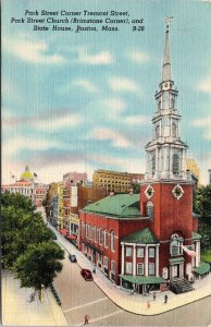 Tremont St Park St Church State House Boston MA Linen Postcard PM Woonsocket RI 