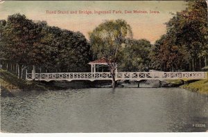 Postcard Band Stand + Bridge Ingersoll Park Des Moines Iowa IA