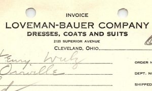 1939 LOVEMAN-BAUER CO. CLEVELAND OH DRESSES COATS SUITS BILLHEAD INVOICE Z1029