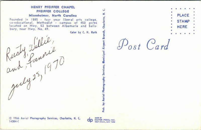 MISENHEIMER, NC ~ Henry Pfeiffer Chapel College Methodist Albemarle Postcard