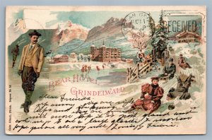 GRINDELWALD SWITZERLAND BEAR HOTEL ADVERTISING ANTIQUE POSTCARD