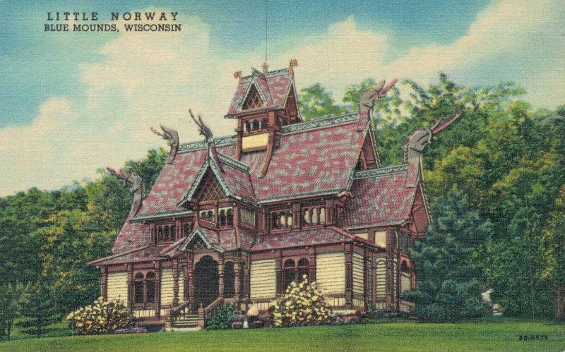 USA Little Norway Blue Mounds Wisconsin Linen Postcard 08.24