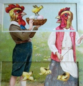 Easter Postcard German Mechanical Pull Tab Fantasy Humanized Roosters