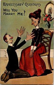 Man Proposes to Unattractive Woman, Unnecessary Question Vintage Postcard F38