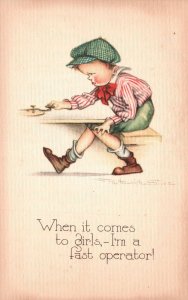Vintage Postcard Little Boy Sitting on Chair I'm a Fast Operator When it Comes