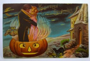 Gothic Halloween Postcard Haunted Castle Fantasy Kissing Couple Sanders Vintage