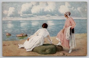 Seascape Ladies Waiting on Beach Paul Fisher Friends in Sight Postcard L43