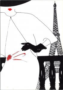 Postcard France Paris Pierre-Yves Morel art - Woman with Eiffel Tower