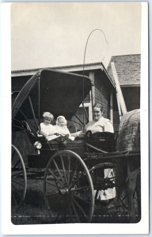 c1900s Cute Mother & Children RPPC Boy Ride Horse Carriage Real Photo Whip A135