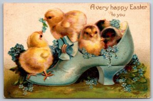 Clapsaddle Easter~Cute Chicks Play~Forget-Me-Nots In Ladies Blue Pump Shoe~1908