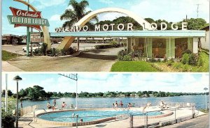 Vintage Orlando Motor Lodge Lake Rowena Florida AAA Approved Postcard 7-52 