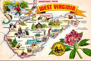 West Virginia Greetings From The Mountain State With Map State Seal Flower an...