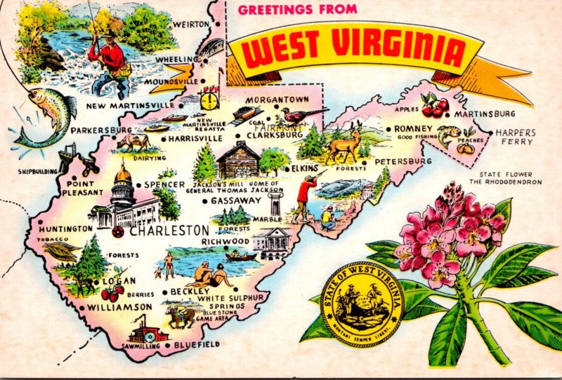 West Virginia Greetings From The Mountain State With Map State Seal Flower an...