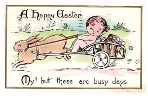 Easter , Cartoon child in cart pulled by rabbit
