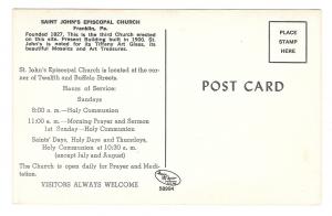 Franklin PA St John's Episcopal Church Advertising Service Hours Postcard