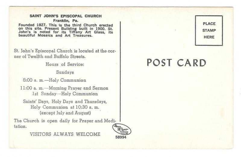 Franklin PA St John's Episcopal Church Advertising Service Hours Postcard