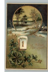 New Year Embossed Gilt Clover c1910 Postcard