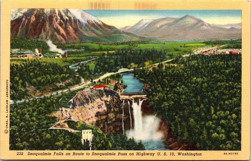 Snoqualmie Falls Route  Pass Highway US 10 Washington Linen Postcard Waterfall 