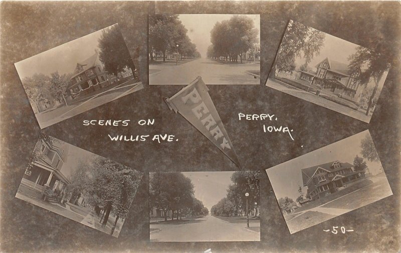 G41/ Perry Iowa RPPC Pennant Postcard 6View Homes on Willis Avenue