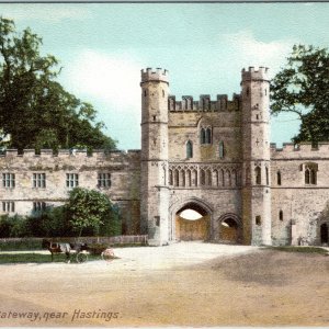 c1905 Battle England Abbey Gateway Postcard Hartmann near Hastings Horse Cart