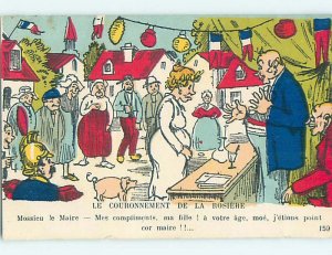 Pre-Linen comic foreign FLAGS OF FRANCE OVER PET PIGLET PIG BESIDE WOMAN HL9113