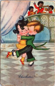 Nice Dressed Boy and Girl Dancing Musicians Vintage Postcard C188