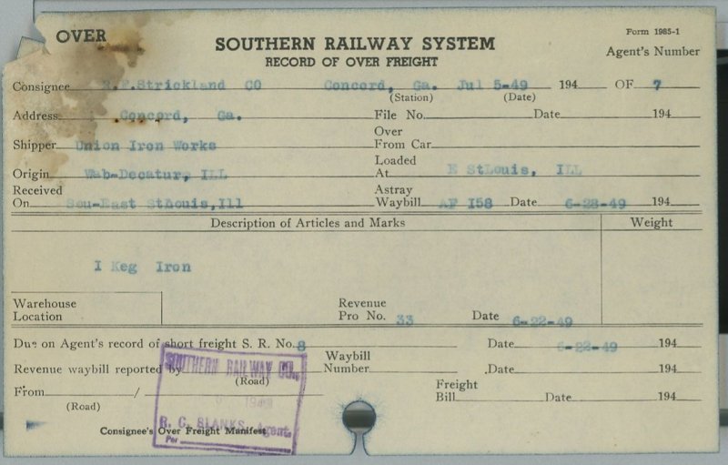 1949 Southeastern Railway System Record of Over Freight Southern Railway 175 