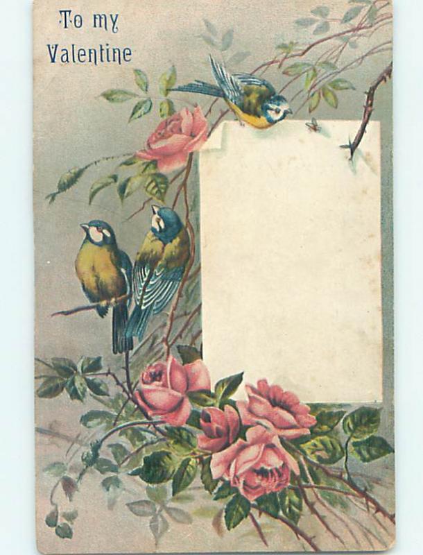 Pre-Linen valentine BEAUTIFUL BIRDS SITTING IN PINK ROSE FLOWERS HJ2680