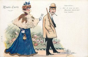 Monte Carlo gambler lady superstition 1900 caricature artist signed Guilaume