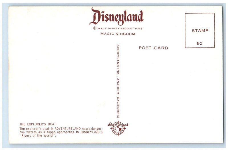 c1960 Explorers Boat Adventureland Hippo Disneylands Anaheim California Postcard