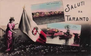 Saluti da Taranto Italy Glamour Boats Flag Real Photo Old Postcard