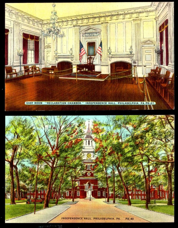 Lot of 2 Pennsylvania PHILADELPHIA Interior Independence Hall Exterior ~ Linen