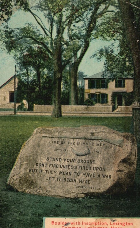 Vintage Postcard 1910's Boulder With Inscription Lexington Common Massachusetts
