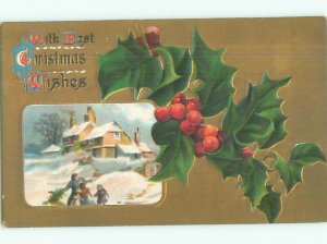 Pre-Linen MAN DRAGS CHRISTMAS TREE BACK TO SNOW-COVERED HOUSE J1815