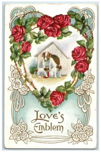 c1910's Valentine Heart Flowers Dogs Cage Love's Emblem Embossed Posted Postcard