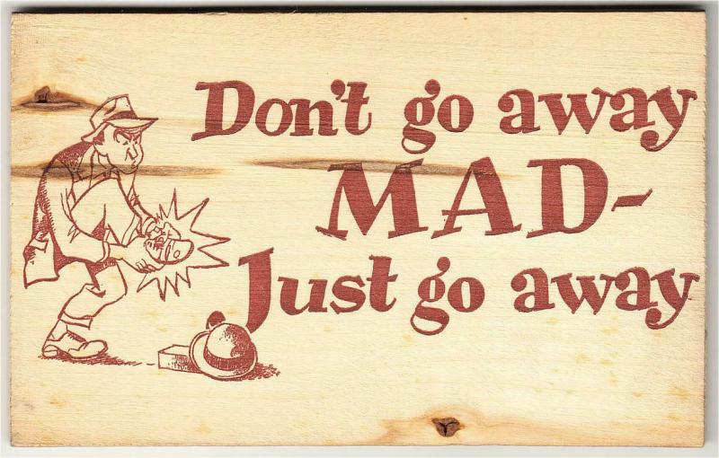 Wooden Comic Postcard Don't Go Away Mad Man and Shoe with Brick Under Hat 1950s