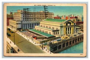 Vintage 1940 Postcard Antique Cars in Front of Union Station Chicago Illinois
