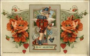 Winsch Valentine Cupid Flowers Hearts Gilt Embossed c1910...