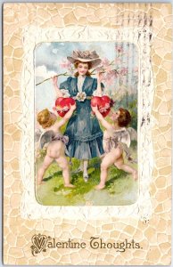 VINTAGE POSTCARD PAIR OF CUPIDS AND PRETTY LADY VALENTINE THOUGHTS POSTED 1912