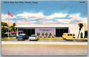 Palmetto Florida 1950s Postcard United States Post Office Cars Flag